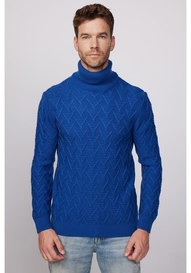 Slim Fit Dar Kesim Tam Balıkçı Yaka Desenli Lacivert Erkek Triko Kazak-28664 Lacivert