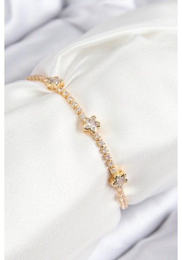 Pirinç Zirkon Taşlı Yıldız Model Gold Renk Asansörlü Kadın Bileklik - Tj-bb7737 Gümüş