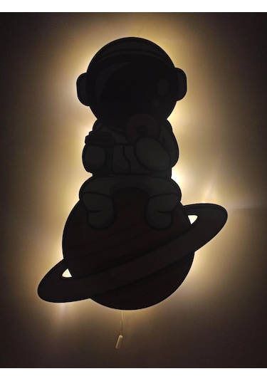 CajuArt Astronot Donut Ahşap Led Işıklı Çocuk Odası Duvar Tablosu