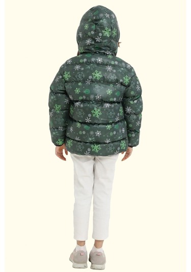 Kız Çocuk Pusula Desen Polar Su Ve Rüzgar Geçirmez Kapüşonlu Şişme Kışlık Mont Yeşil