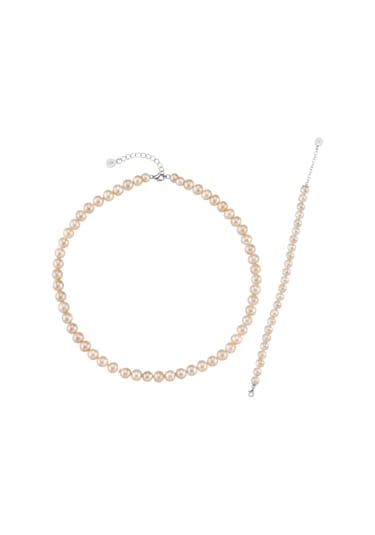 Pudra Pembe Doğal İnci Kolye Bileklik Set - Sarı