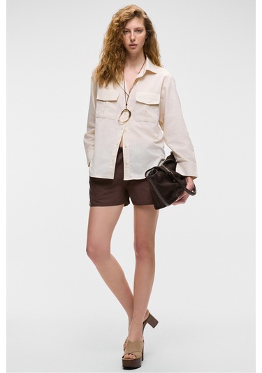 RIGO Kadın Gömlek Yaka Uzun Kol Regular Uzun İnce Krem Gömlek