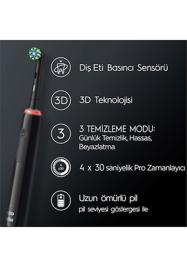Oral-B Pro 3500 Elektrikli Siyah Diş Fırçası + Seyahat Kabı