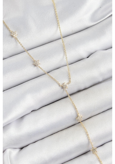 Pirinç Zirkon Taşlı Sıralı Yıldız Figürlü Y Model Gold Renk Kadın Kolye Çok Renkli