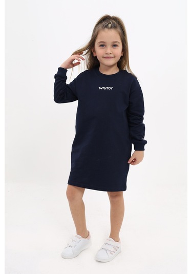 Toontoy Kız Çocuk Bisiklet Yaka Baskılı Elbise Lacivert