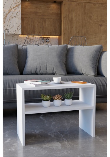 Alpa Ev Mobilya Alt Raflı Orta Sehpa, Modern Salon Sehpası, Dekoratif Çay & Kahve Yan Sehpası Beyaz