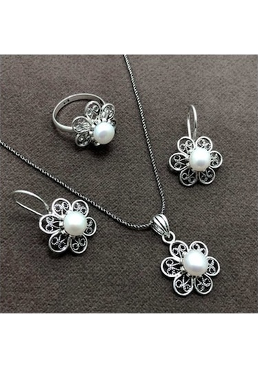Inci Taşlı Papatya Model Oksitli Telkari Gümüş Üçlü Set
