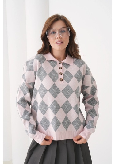 Kadın Polo Yaka Yarım Pat Düğme Detay Desenli Oversize Triko Kazak Açık Pembe