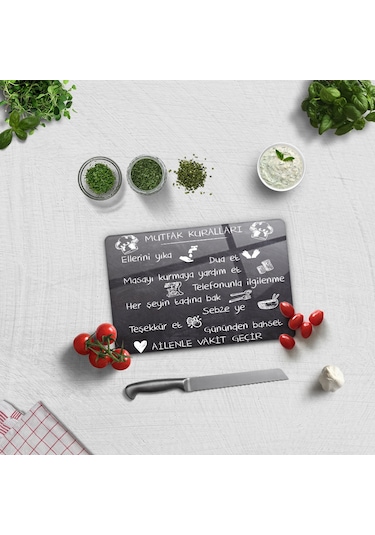 Mutfak Kuralları - Kara Tahta Görünümlü Cam Kesme Tahtası - Cam