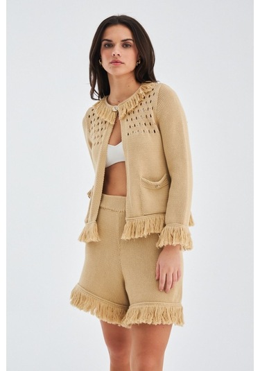 Peraluna Mıyoki Cardıgan & Shorts Mevsimlik Pamuklu Kadın Triko T Bej