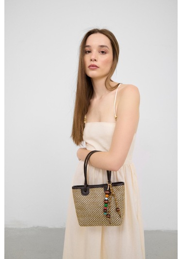 Roen Hasır Omuz Çantası Kahverengi Kahverengi - Siyah - Bej
