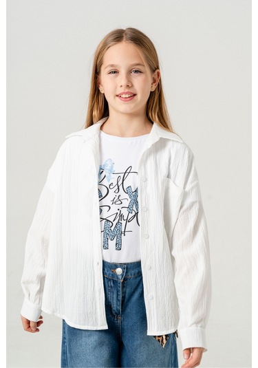 Kız Çocuk Tek Cepli Gömlek T-shirt İkili Takım 1802 Beyaz