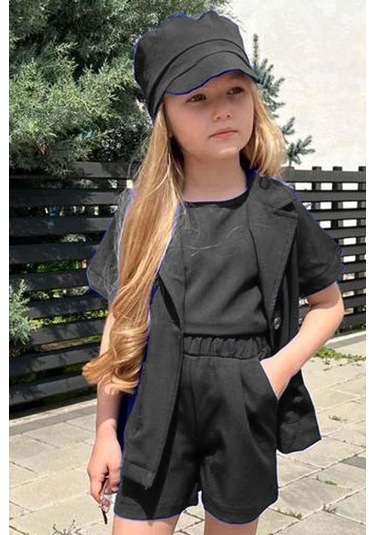 Riccotarz Kız Çocuk Kolsuz Penye Bluz Kısa Kollu Blazer Ceket Şapkalı Siyah Şortlu Takım Siyah