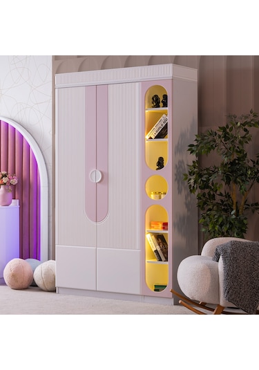 Gardırop, Vira 2 Kapaklı Dolap Ve Ledli Kitaplık - Pembe