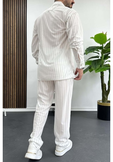 Alaçatı Stili Erkek Krep Kumaş Çizgili Gömlek Ve Pantolon Takım Beyaz