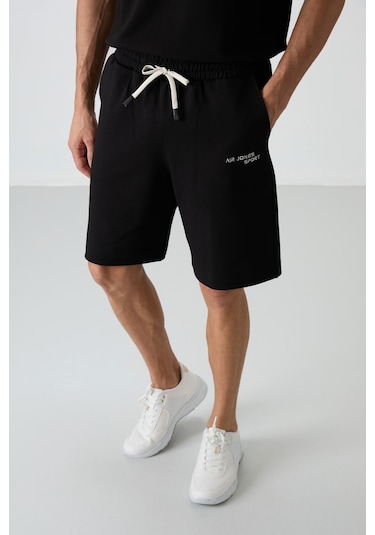 Siyah Pamuklu Kalın Yumuşak Dokulu Oversize Fit Nakışlı Erkek Şort Takım - 85250