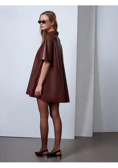 Dilvin 90934 Suni Deri Mini Gömlek Elbise-karamel Karamel