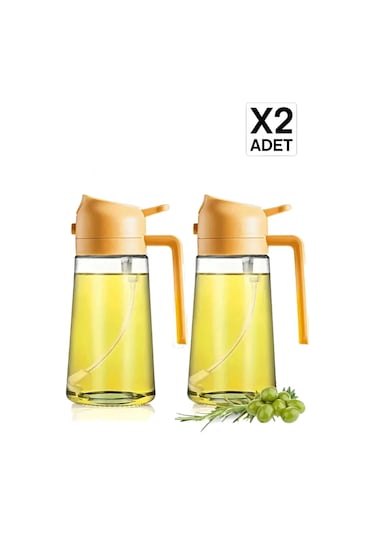 2'li Çift Fonksiyonlu Cam Yağdanlık 450ml Zeytinyağı Sıvıyağ Şişesi Airfryer Sprey Yağlık - Turuncu Turuncu