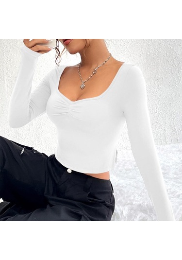 Hnxc Kadın Moda Günlük Yaz Düz Renk Baskı Uzun Kollu U Yaka Bluzlar Ve Gömlekler Beyaz