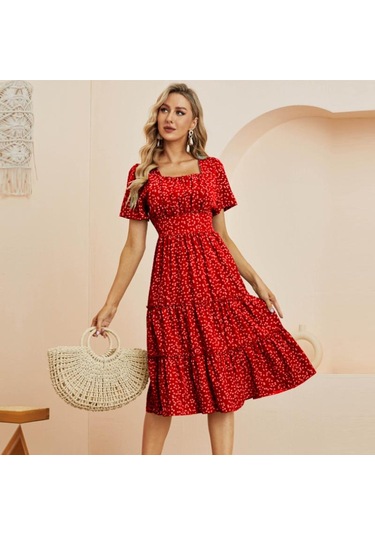 Yaz Aşk Desen Nokta Baskı Elbise Kadın Rahat A-line Kısa Kollu Kare Yaka Ruffles Orta Uzun Şifon Kırmızı Siyah Mavi Yeşil S-xl Kırmızı