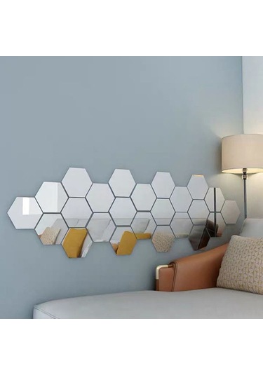 Yaleker Gümüş Renkli Plastik Hexagon Gölge Duvar Sticker Seti - 18.4x16x9.2cm Ve 12.6x11x6.3cm Seçenekleri Gümüş