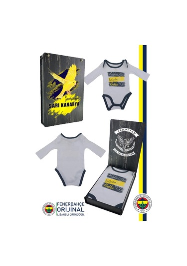 Fenerbahçe Lisanslı Kalpleri Fetheden Renkler Bebek Body Zıbın Kanarya Baskılı Hediyelik Ahşap Kutulu Beyaz
