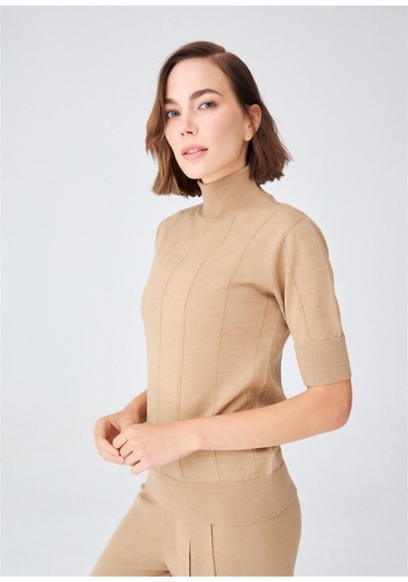 Peraluna Balıkçı Yaka Kısa Kollu Basic Kadın Triko Bluz Camel-Camel