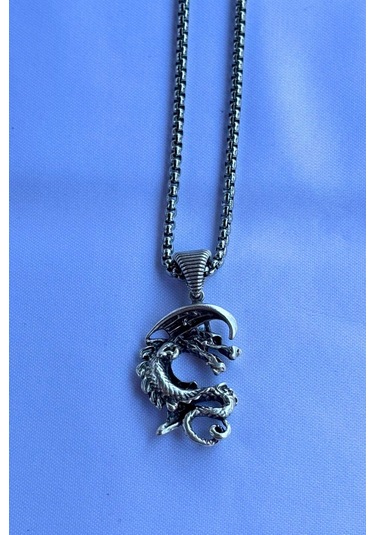 Ejderhalı El İşçiliği Paslanmaz Çelik Zincir Erkek Kolye Gümüş