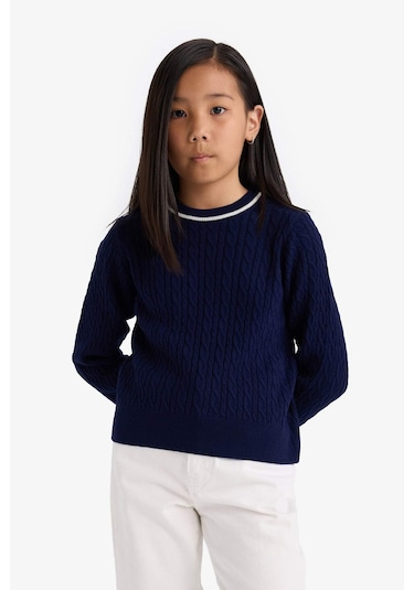 Defacto Kız Çocuk Okul Standart Fit Bisiklet Yaka Triko Kazak E7740a825aunv251 Lacivert