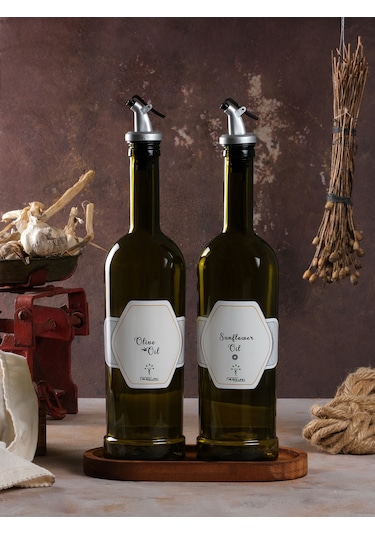 Ahşap Stantlı Amber 2'li 750 ml Zeytinyağı ve Sıvıyağ Yağdanlık Şişesi Ayçiçekyağı,Yağlık da