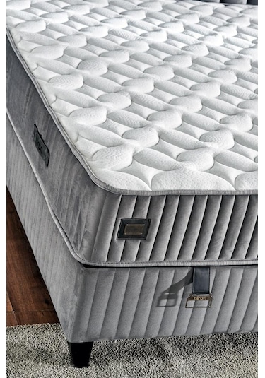 Hades Yatak Baza Ve Başlık Seti 150x200 Cm Çift Kişilik Paket Yaylı Lüks Yatak Koyu Gri Baza Başlık