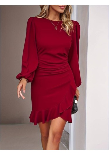 Kadın Uzun Kollu Bisiklet Yaka Önden Volanlı Ithal Krep Elbise Kırmızı