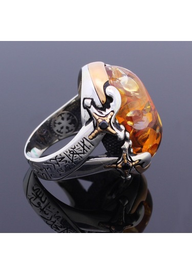 Gümüş Baltık Kehribar Taşlı Kelime-I Tevhid Işlemeli Kılıç Model