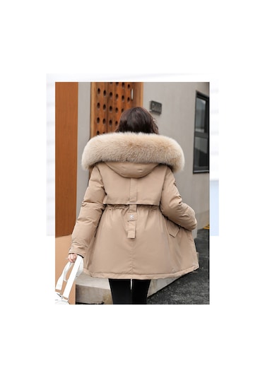 Snapbuy Kalın, Yumuşak Dolgulu, Midi Boy, Kapüşonlu, Kürk Detaylı Kadın Mont Koyu Bej