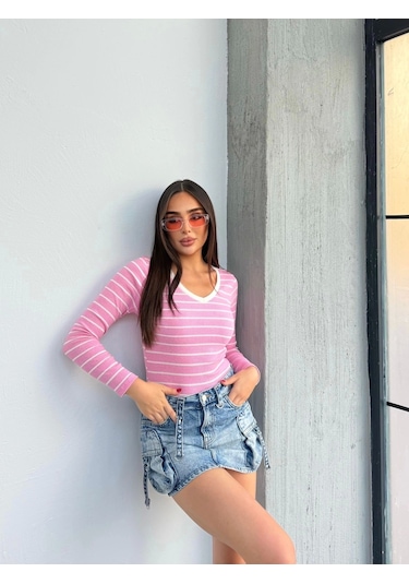 V Yaka Çizgili Bluz Pembe A3699 Pembe