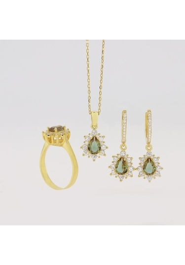 925 Ayar Gümüş Damla Zultanıt Taşlı Gold Anturaj Set