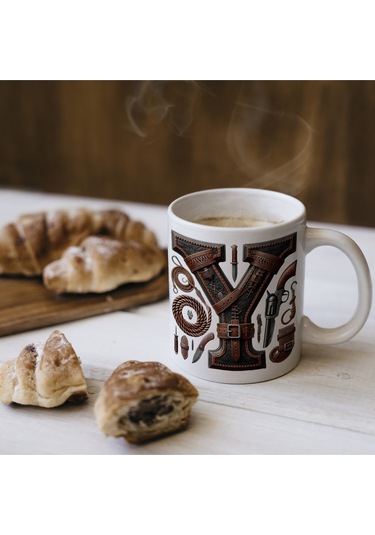 Y Harfi Kovboy Temalı Bardak 330 Ml İsim / Harf Kişiye Özel Hediye - Vahşi Batı Konsept Beyaz