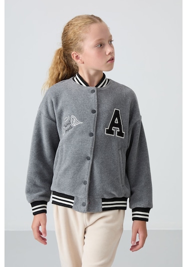 Tommy Life Gri Melanj Kalın Yumuşak Dokulu Standart Fit Nakışlı Polar Kız Çocuk Kolej Ceket - 75156 Gri Melanj
