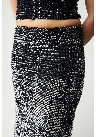 GRIMELANGE Yıseth Kadın Gümüş Pul Payet Uzun Astarlı Siyah Etek Siyah