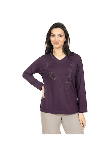 Kadın Orta Yaş Ve Üzeri Yeni Model V Yaka Taş İşlemeli Anne Penye Bluz 30560-mürdüm