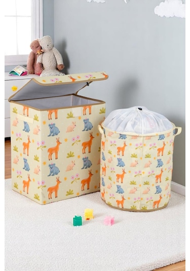 İronika Animals Dolap İçi Organizer Oyuncak Kutusu Eşya Çamaşır Saklama Sepeti Düzenleyici Kutu 2li Set Sarı