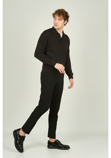 Ateş Triko Erkek Polo Yaka Düğmeli Yün Kazak 6091023 Füme Füme