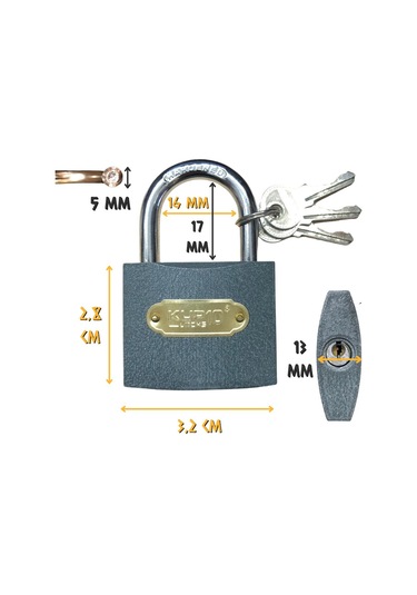 Kupa Asma Kilit Gri 32 Mm. - 3 Anahtarlı