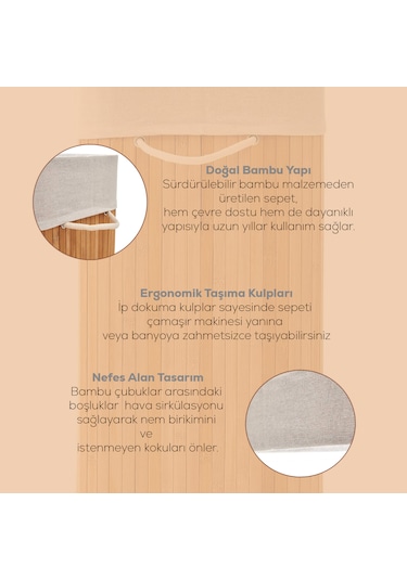 Porsima Pbt-053 Kapaklı Kirli Çamaşır Sepeti Dikdörtgen - Bambu Kirli Çamaşır Sepeti Bambu