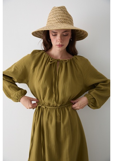 Haki Bağlama Detaylı Müslin Elbise - 2004 Haki