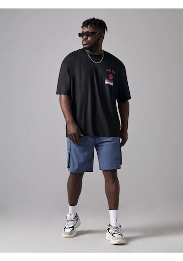 Erkek Siyah Oversize Dağ Baskılı T-shirt Siyah-68486