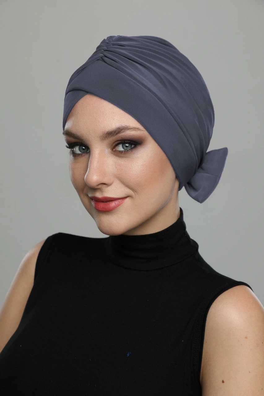 Fiyonklu Koyu Gri Hazır Türban Tesettür Havuz Bonesi Koyu Gri