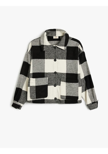 Koton Crop Gömlek Ceket Cep Detaylı Uzun Kollu Siyah Ekose 5wkg20037aw Siyah