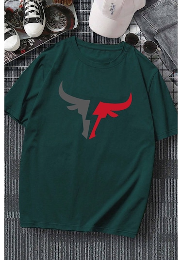 Erkek Boğa Silüet Baskılı Oversize Tshirt Yeşil