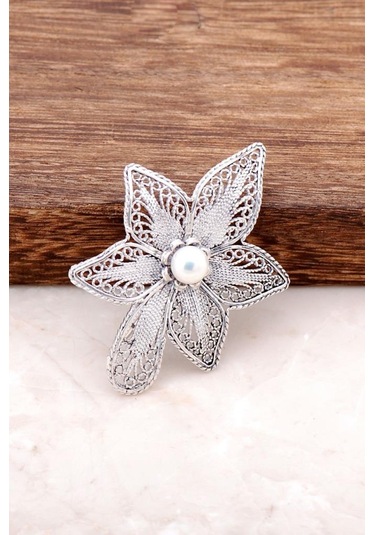 Telkari İşlemeli İnci Taşlı Gümüş Tasarım Broş 298